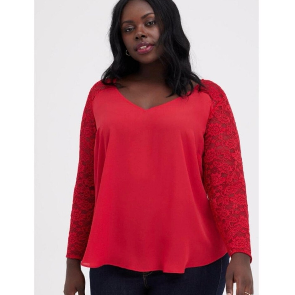 Torrid Lightweight Holiday Red Vneck Long Sleeve Lace Top - Size 3